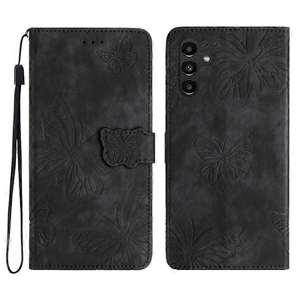 Kompatibelt för Samsung Galaxy A34 5G Ställ Plånboksfodral PU Läder Skin-touch Fjäril Tryckt Skal Black