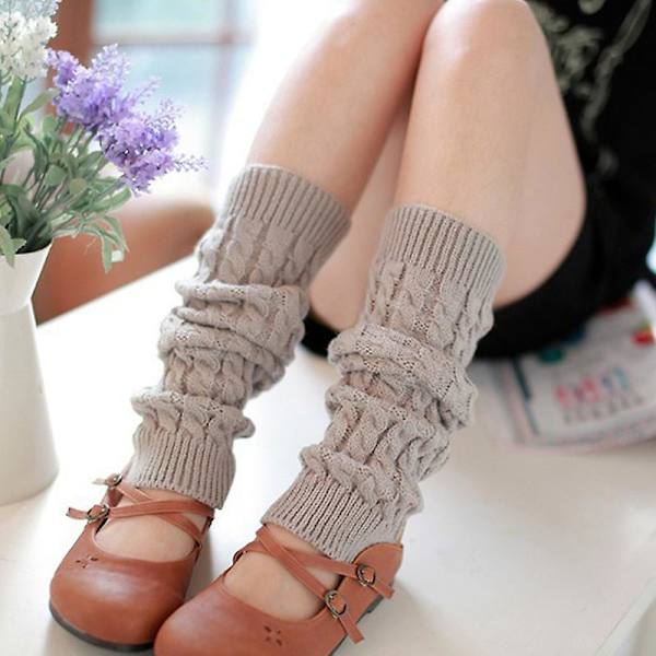 Kvinnor högt knä stickad benärm Vinter benvärmare Strumpor Slouch Boots manschetter Toppers Light Grey