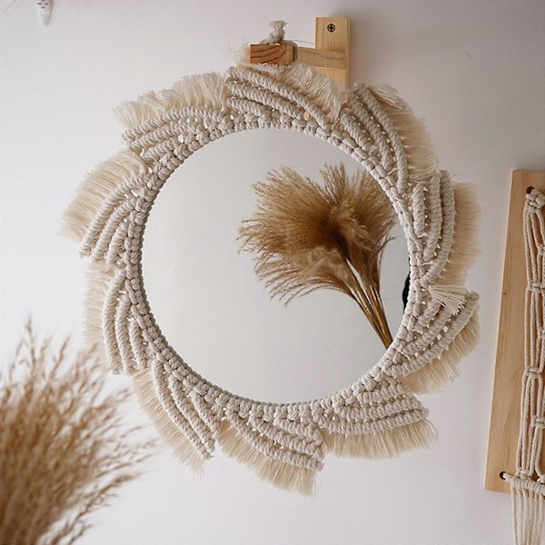 Nordisk Boho Makrame Veggspeil med Frynser Dusk Håndvevd Bomullsrep Gobelin Rundt Dekorativt Speil for Leilighet Stue Soverom