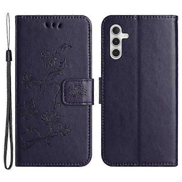 Kompatibelt för Samsung Galaxy A24 Präglat Fjärilsblomma Mobilskal PU Läder Plånboksställ Telefonskydd med Rem DarkPurple