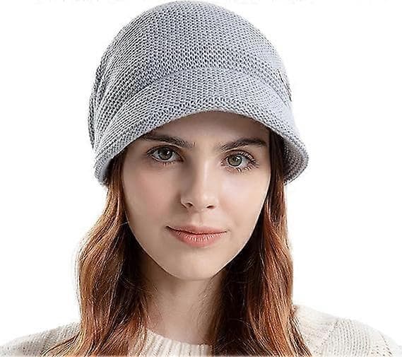 Lösstickad mössa för kvinnor, varm vintermössa med fleecefoder, stretchig skull cap med visir, ljusgrå