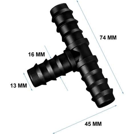 8-pak T-koblinger, 13 mm diameter, svart plast, for dryppvanning