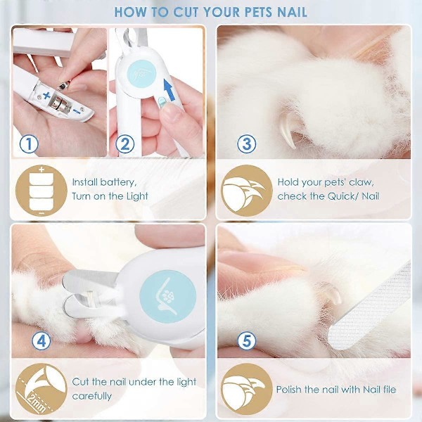 Hundeklippere og Trimmere med LED-lys Unngå Overklipping, Tåneglklippere for Hunder & Katte Negleklippere, Gratis Neglefil & Sylskarp Blad, Pro