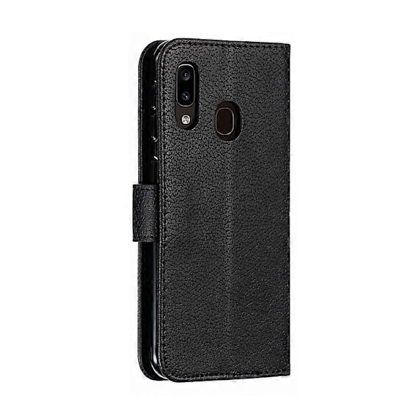 Litchi Tekstur Præget Fjer Læder Telefon Cover med Wallet Stand Kompatibel til Samsung Galaxy A20e Black