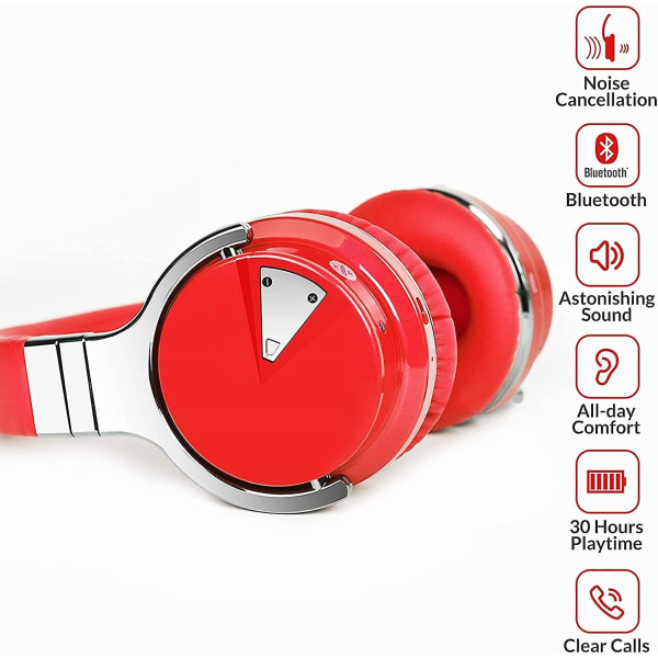 Aktive støjreducerende hovedtelefoner Bluetooth-hovedtelefoner med mikrofon Deep Bass Trådløse hovedtelefoner over øret, komfortable protein-ørepuder, spilletid Red