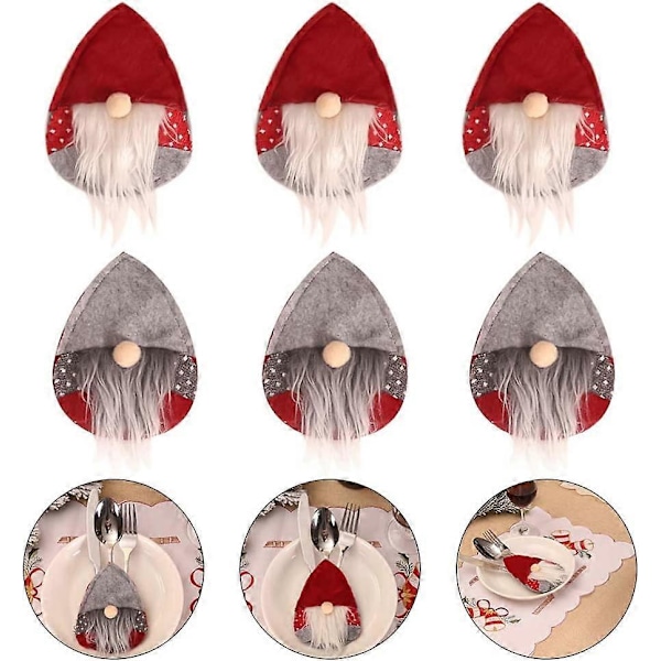 6 stk. Julemand Bestikholder Gaffelpose Bordbestikpose Svensk Julemand Gnome Plys Pose Julefest Middagsbord Dekoration (13,5x10cm)