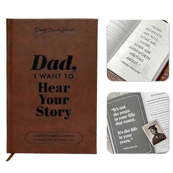 Far, jeg vil gerne høre din historie notesbog, læderindbundet hardback, sort guldfolie bogstaver, guidet journal til far til at dele sit liv og sin kærlighed