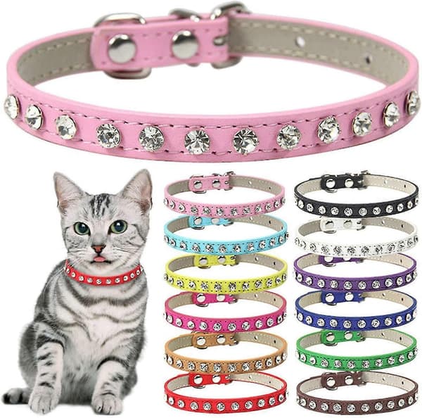 Rhinestone PU læder halsbånd til hund kat sort (passer til: 20-28cm, 1 stk)