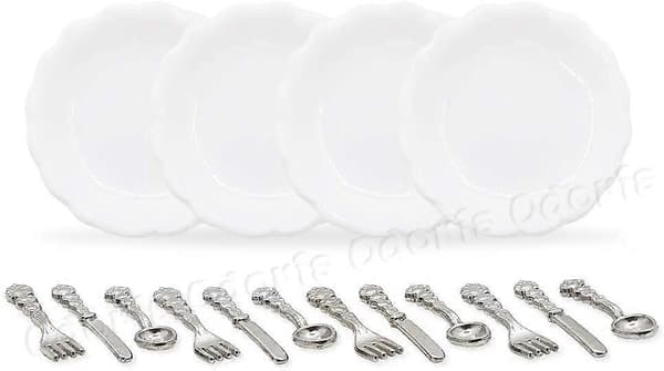 1:12 Miniatyr 4-Pack Tallrikar och 12-Pack Bestick Silverbestick Dockskåpskök