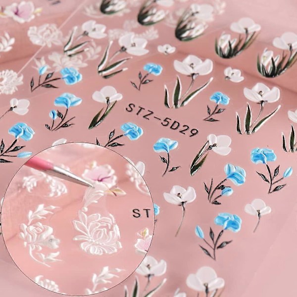 5D Präglade Blommor Nagelstickers för Akrylnaglar, 6 Ark Graverade Blomma Nageldekaler Vår Sommar Nagelkonst Tillbehör Franska Toppar Nageldesign