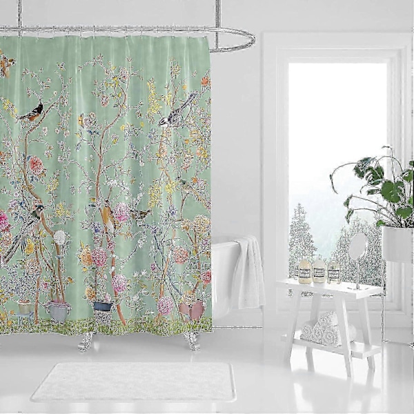 Dusjforheng Grønt Muggsikkert Vanntett Fugl Blomstret Baderomsforheng Hurtigtørkende Vektet 180x180cm (71x71Tommer) Grønn Fugl Blomstret