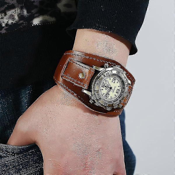 Unisex Punk Retro Bronsfärgad Rund Urtavla Brun Bred Läderbälte Rem Manschettarmband Romerska Siffror Analog Kvarts Armbandsur