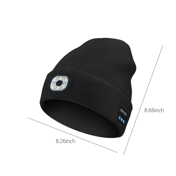 Bluetooth mössa med ljus, unisex USB uppladdningsbar 6 led pannlampa hatt med trådlösa hörlurar Black