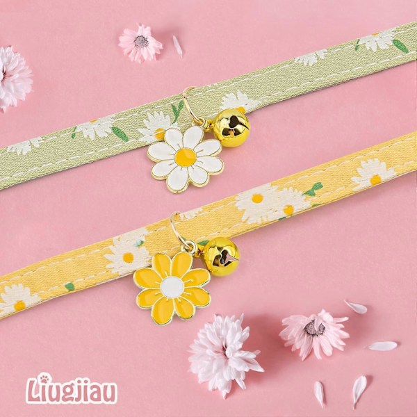 2-pack Bomulls Säkerhetskatthalsband med Bjällra, Gula & Gröna Blommor Hänge Sött Katthalsband Kattungehalsband, Perfekt för Kattflickor och Kattpojkar