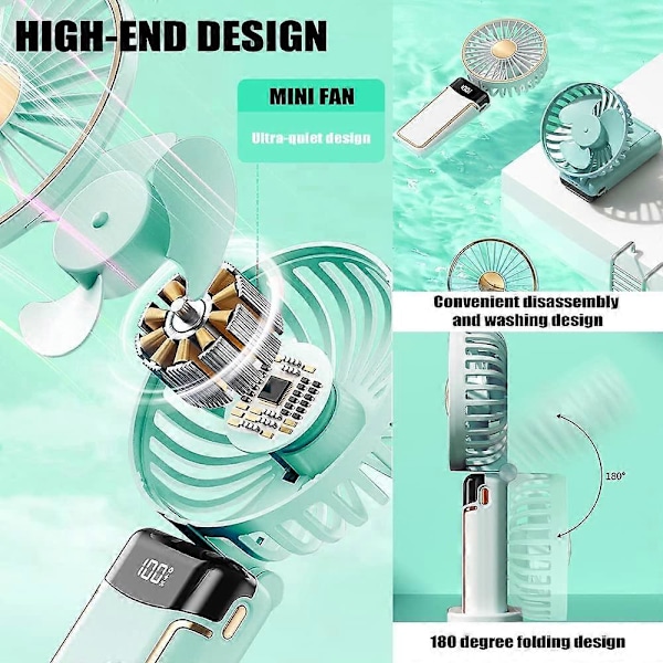 Portabel Handhållen Fläkt 180° Vikbar med 4000mAh Batteri, Handhållen/Hals/Skrivbord 3 i 1 Personlig Minifläkt, Perfekt för Smink, Kontor, Resor och Utomhusbruk