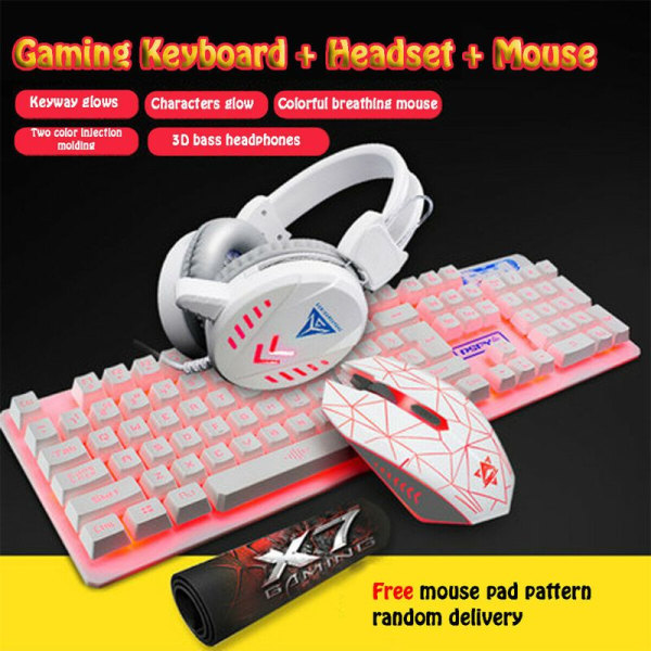 4st/ set K59 Mekaniskt kabelanslutet USB tangentbord Upplyst Gaming Mus Musmatta Headset Desktop Bakgrundsbelysning Kit White