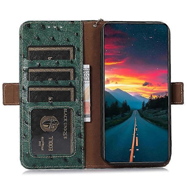 Kompatibel med Motorola Moto G72 4G RFID Telefondeksel Strutsemønster Full Dekning Ekte Kuskinn Lær Stativ Lommebok Green