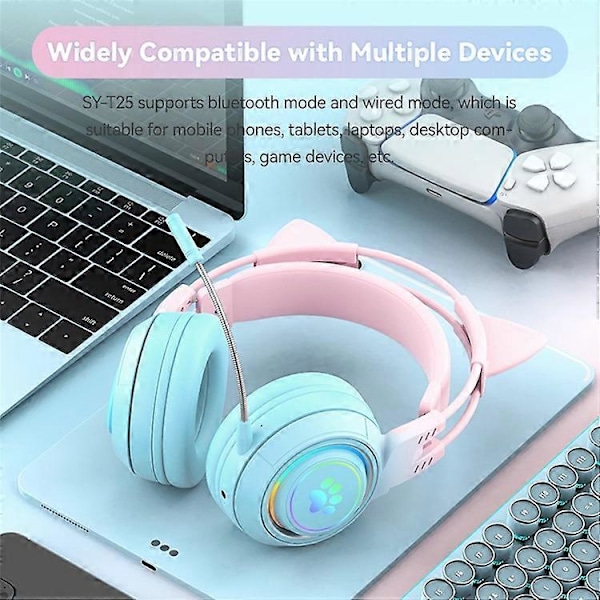 T25 Søte Katteører Hodetelefoner RGB-belysning Bluetooth Trådløst Headset med Avtakbar Mikrofon Pink