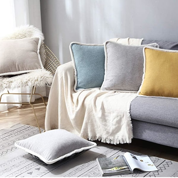 Bondgårdsrutig Pläd Kuddfodral med Flanellkant, Ultramjukt Buffelrutigt Kuddfodral för Soffa Heminredning (18\"x18\", marinblå)
