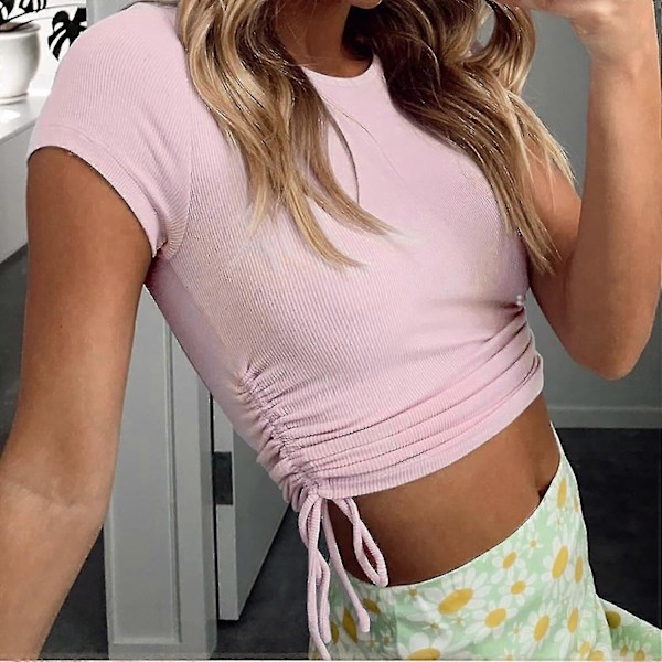 Naisten pyöreäkauluksinen lyhythihainen kiristysnyörisivulla varustettu slim fit joustava crop toppi