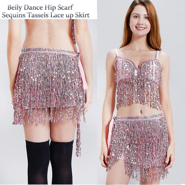Damkjol med paljetter med tofs Glitter Magdans Hip Scarf Wrap Party Kostym Pink