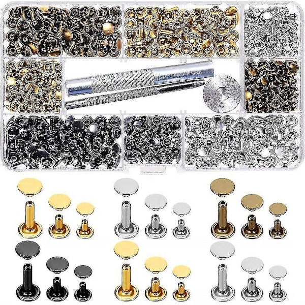 Dubbelnit, 300 Delar Lädernitar Med 3 Fästverktyg Dubbelhuvudnitar För DIY Läderhantverk Bälte Plånboksdekoration 3 Storlekar Guld, Silver
