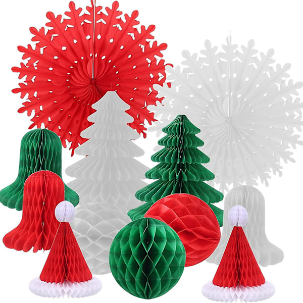 12 st Jul Pappersfläkt Retro Jul Takdekorationer Jul Pappershattar Papperspompoms Papper Julgran Klocka Honeycomb Dekoration För C