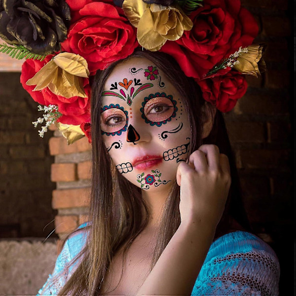 Day of the Dead -tatuoinnit - 8 Halloween-väliaikaistatuointitarran setti Da de Los Muertos Glitter Punainen Ruusu Kallo Sokerikallo Valetatuoinnit Halloweeniin