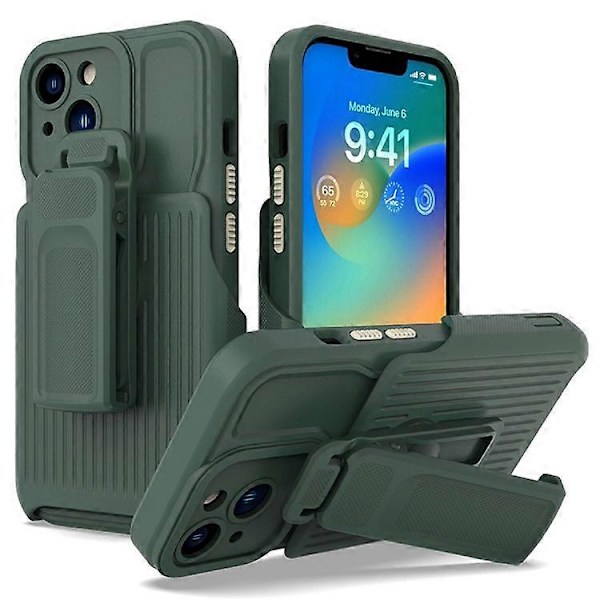 Explorer Series Kompatibelt För iPhone 13 Bakre Klämma Ställ Design PC + TPU Telefonskyddsfodral Fallsäkert Skal DarkGreen