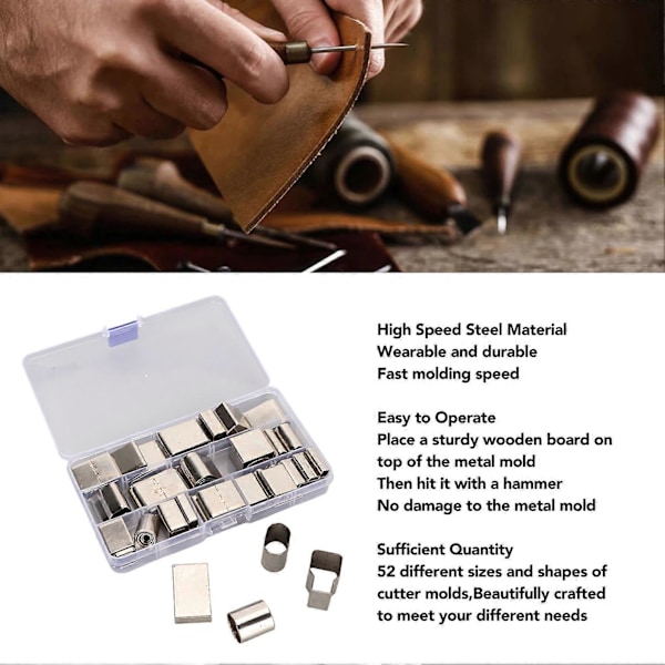 52 stk. Lær Die Cutter Mold Rustsikker Høyhastighetsstål Hul Punch Cutter Sett for DIY Belte Veske Lommebok