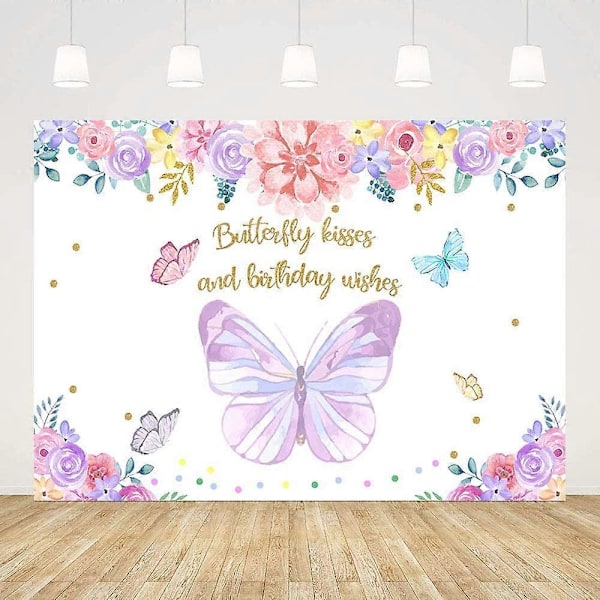 Sommerfugl Fødselsdagsbaggrund til Piger Sommerfugl Fest Dekoration Lilla Pink Blomster Sommerfugl Kys og Fødselsdagsønsker Fotografering Baggrund Banner