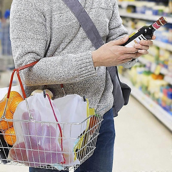 5 st Återanvändbara Dragsko Mesh Grönsaks- och Fruktpåsar Tvättbara Lätta Påsar