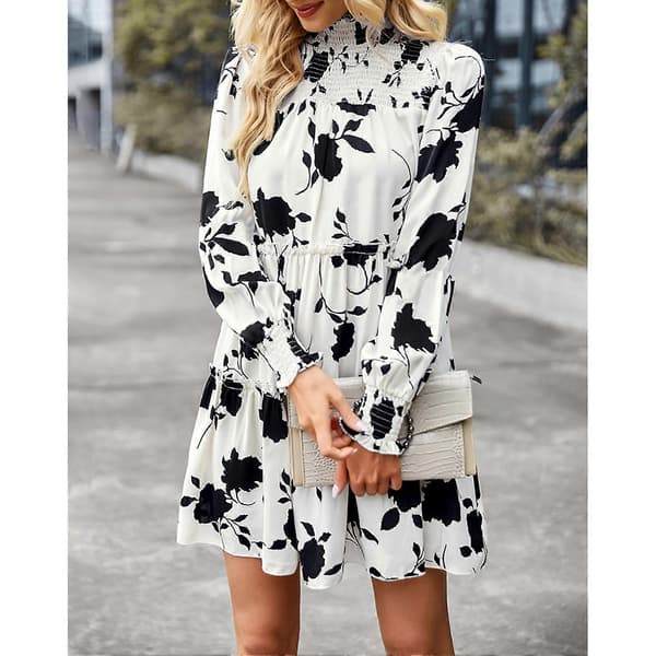 Dam Långärmad Klänning Elastisk Rynkad Klänning Blommig Tryck Volang Mock Neck Midi Klänning