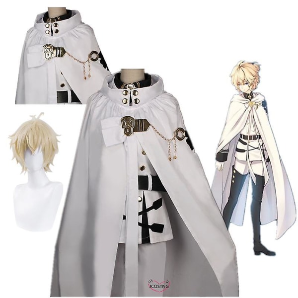 Hyakuya Mikaela Cosplay-asu Seraph Of The End Vampire Reign -asu, valkoinen ja peruukki Halloween Costume M