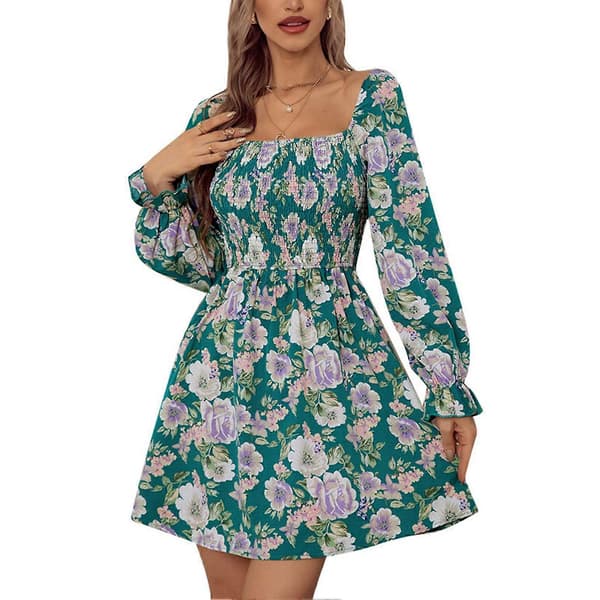 Blomstret Rynket Off Shoulder Kjole Moderigtig Elastisk Strækbar Elegant Kjole til Kvinder