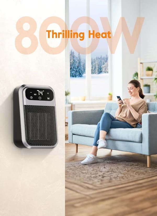 Wall Mounted Heater with Remote Control - 800W Plug-in Heater with LED Display, Adjustable Thermostat and Timer