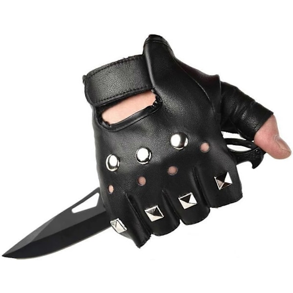 Læderfingerløse handsker til mænd Punk Studded Pu læder fingerløs H