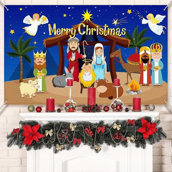 Religiøs Julebaggrund Julekrybbe Baggrund Julefotografering Booth Prop Banner til Julefest Dekoration Vinter