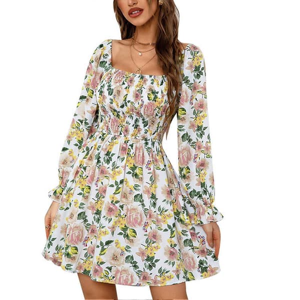 Blommig Rynkad Off Shoulder Klänning Trendig Elastisk Stretchig Elegant Klänning för Kvinnor