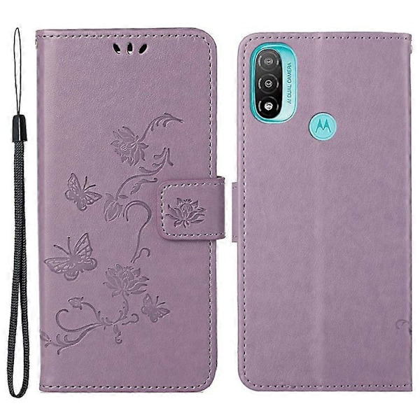 Moderigtig pungfunktion Flip Prægede Sommerfugle Blomst PU Læder Ridsefast Telefon Cover Stativ Skal Kompatibel Med M Purple