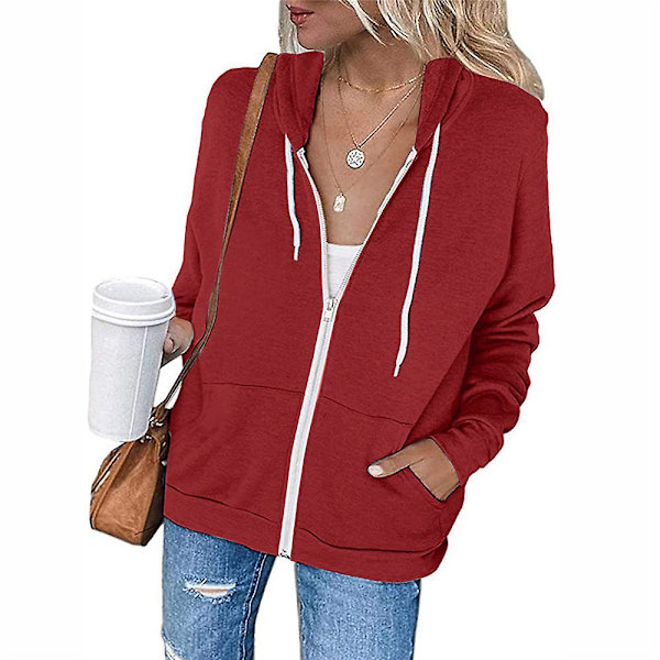 Naisten vetoketjullinen hupullinen takki pitkähihainen takki casual topit Red 3XL