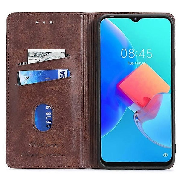 Yhteensopiva Tecno Spark 10 4G puhelinkuori korttipaikoilla, lehmännahkakuvioitu PU-nahkainen jalustallinen puhelinkotelo DarkBrown