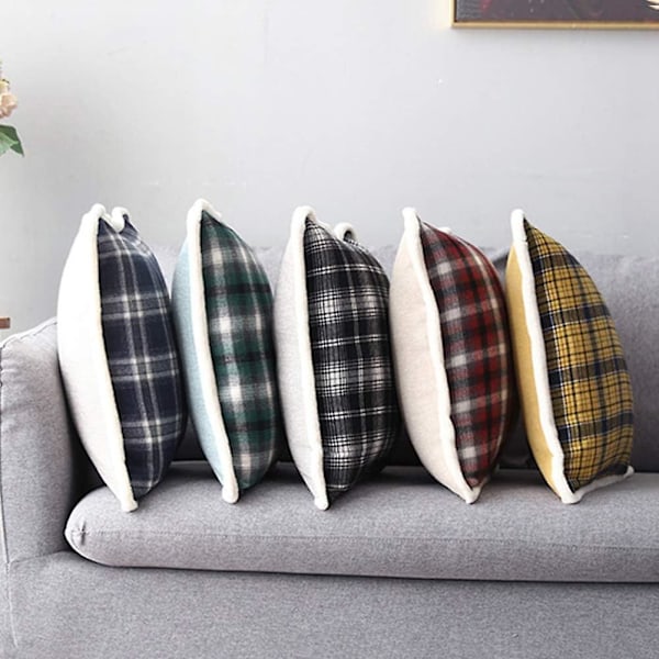Bondgårdsrutig Pläd Kuddfodral med Flanellkant, Ultramjukt Buffelrutigt Kuddfodral för Soffa Heminredning (18\"x18\", marinblå)