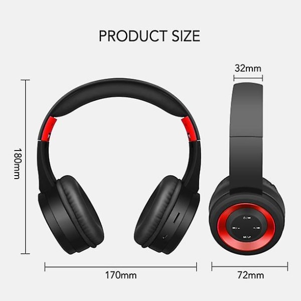 Bluetooth-hodetelefoner Trådløse hodetelefoner Støyreduserende sammenleggbare justerbare hodetelefoner Red Black
