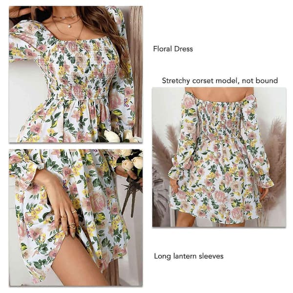Blommig Rynkad Off Shoulder Klänning Trendig Elastisk Stretchig Elegant Klänning för Kvinnor