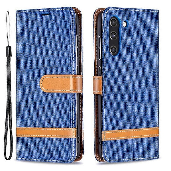 Splejsning Jeans Stof Overflade Læder Telefon Cover Wallet Stand Case Kompatibel Med Samsung Galaxy S21 FE/S21 Lite DarkBlue
