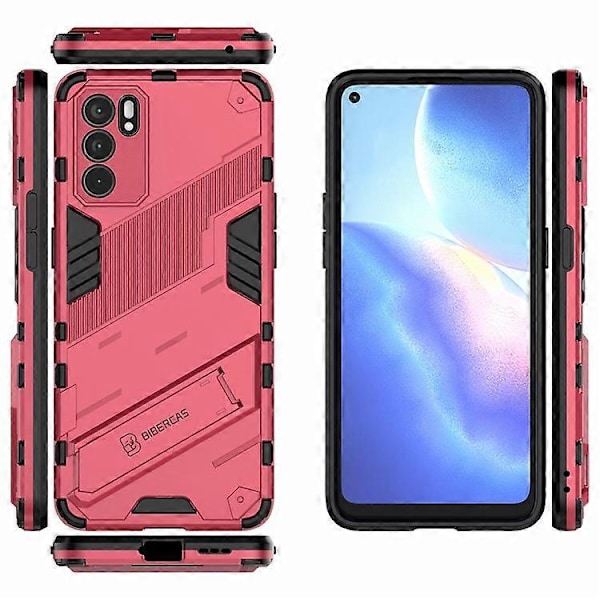 Iskunkestävä Defender -suojakuori, kestävä, sotilastason PC + TPU -kuori jalustalla, yhteensopiva Oppo Reno6 5G:lle Pink