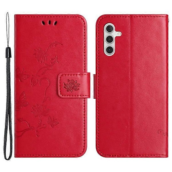 Kompatibelt för Samsung Galaxy A24 Präglat Fjärilsblomma Mobilskal PU Läder Plånboksställ Telefonskydd med Rem Red