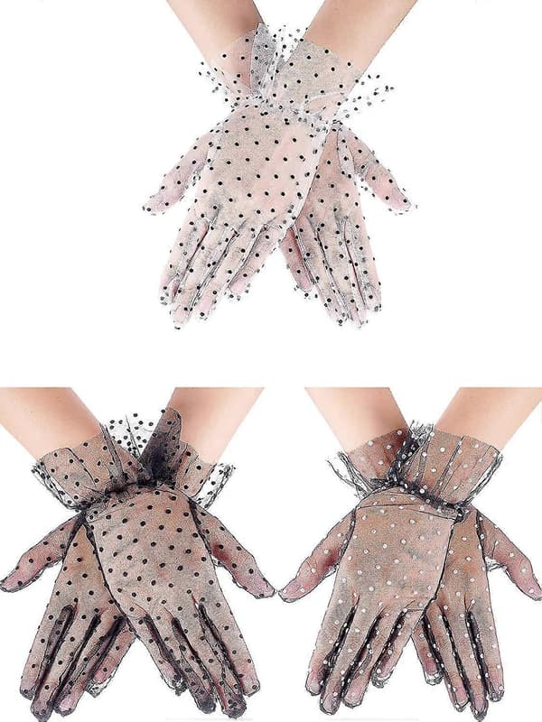3 Par Dam Polka Dot Spetshandskar Stretchiga Korta Blomhandskar Svart Vit