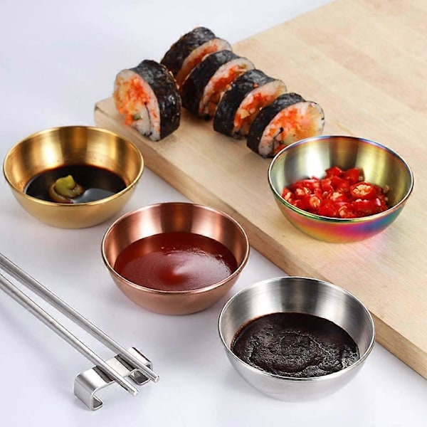 Sauceskåle i rustfrit stål, runde krydderiskåle, mini sauceskåle, sushi dyppeskål, appetitvækker tallerken, sojasovs dyppeskåle (4 stk., guld)